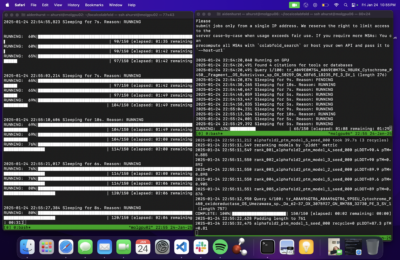 Screenshot of entire desktop screen showing three different Mac terminal tabs running different code.